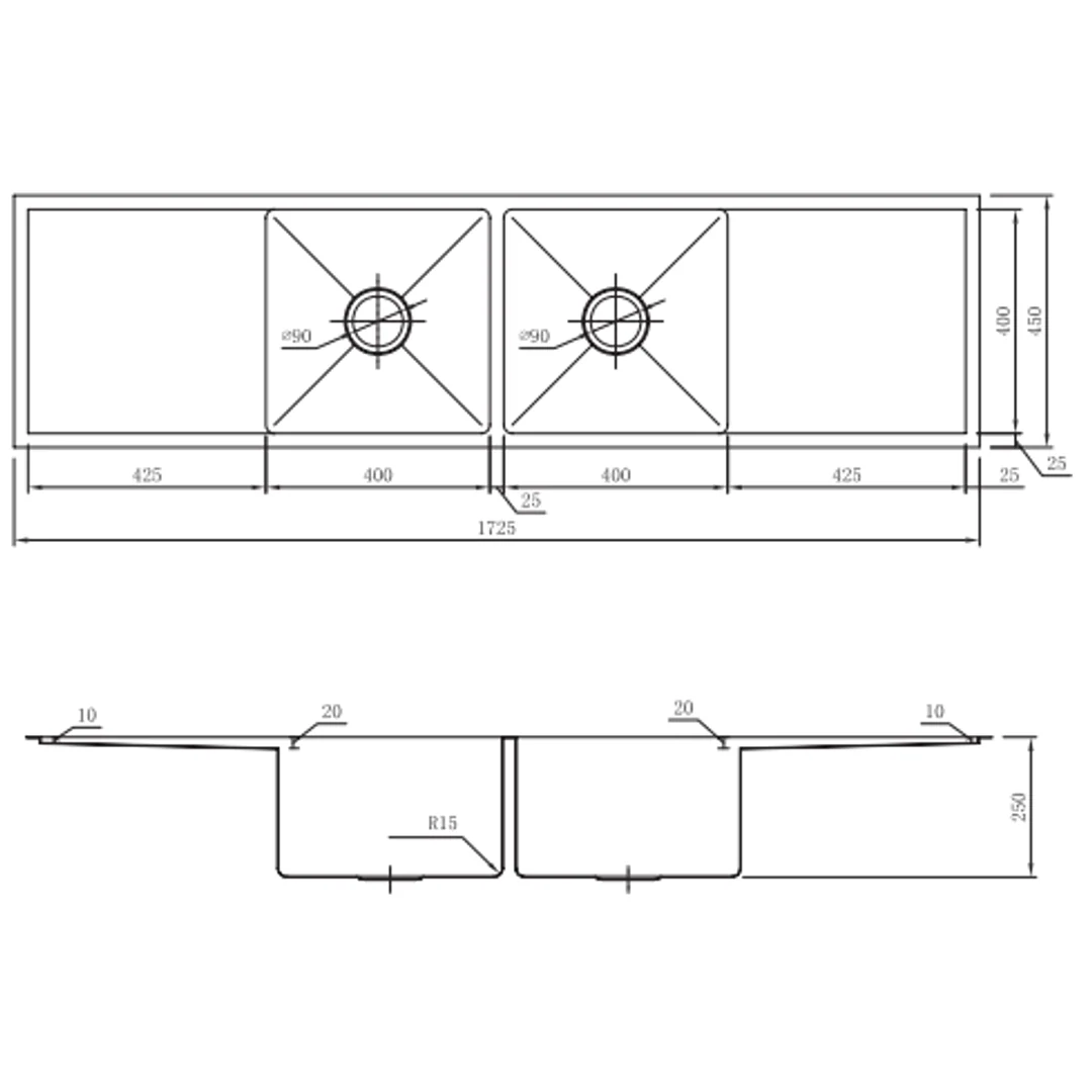 Interchange Uptown 250 Double Bowl Sink & Drainer Radius Corner - 1725 X 450 X 250 - Image 3
