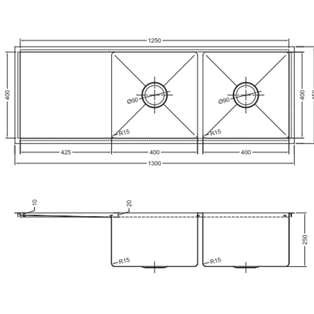 Interchange Uptown 250 Double Bowl Sink & Drainer Radius Corner - 1300 X 450 X 250 - Image 3