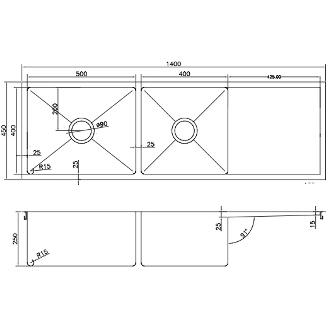 Interchange Uptown 250 Double Bowl Sink & Drainer Radius Corner - 1400 X 450 X 250 - Image 3