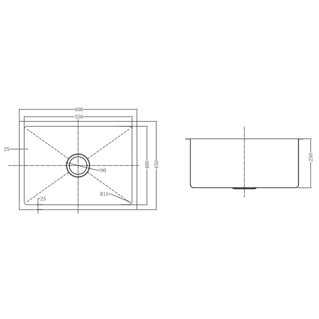 Interchange Uptown 250 Single Bowl Sink Radius Corner - 600 X 450 X 250 - Image 3