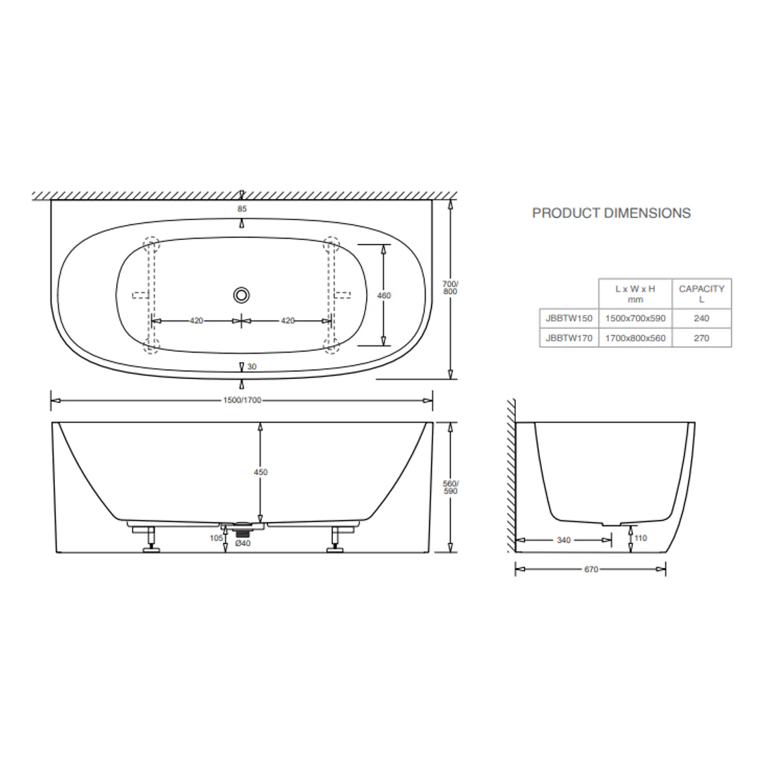 Johnson Suisse Venezia Btw Acrylic Bath 1700 X 800 X 560 Of P&W - Image 2