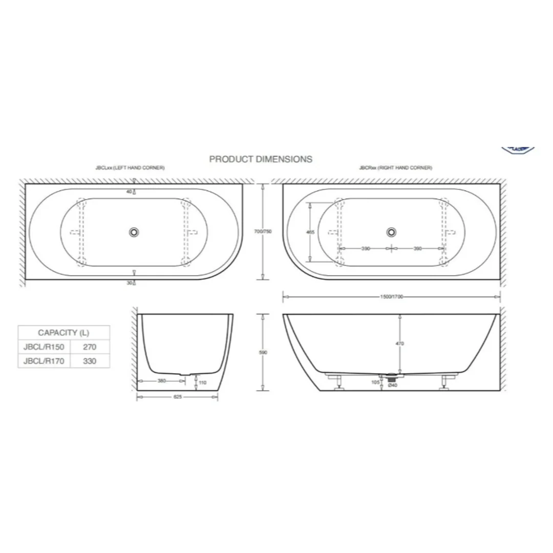 Johnson Suisse Venezia Corner Right Acrylic Bath 1500 X 700 X 590 Of P&W - Image 2