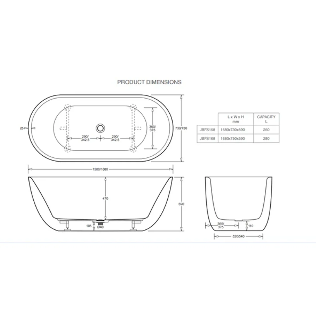 Johnson Suisse Venezia Freestanding Acrylic Bath 1680 X 750 X 590 C/W Pop Up Waste & Overflow - Image 3