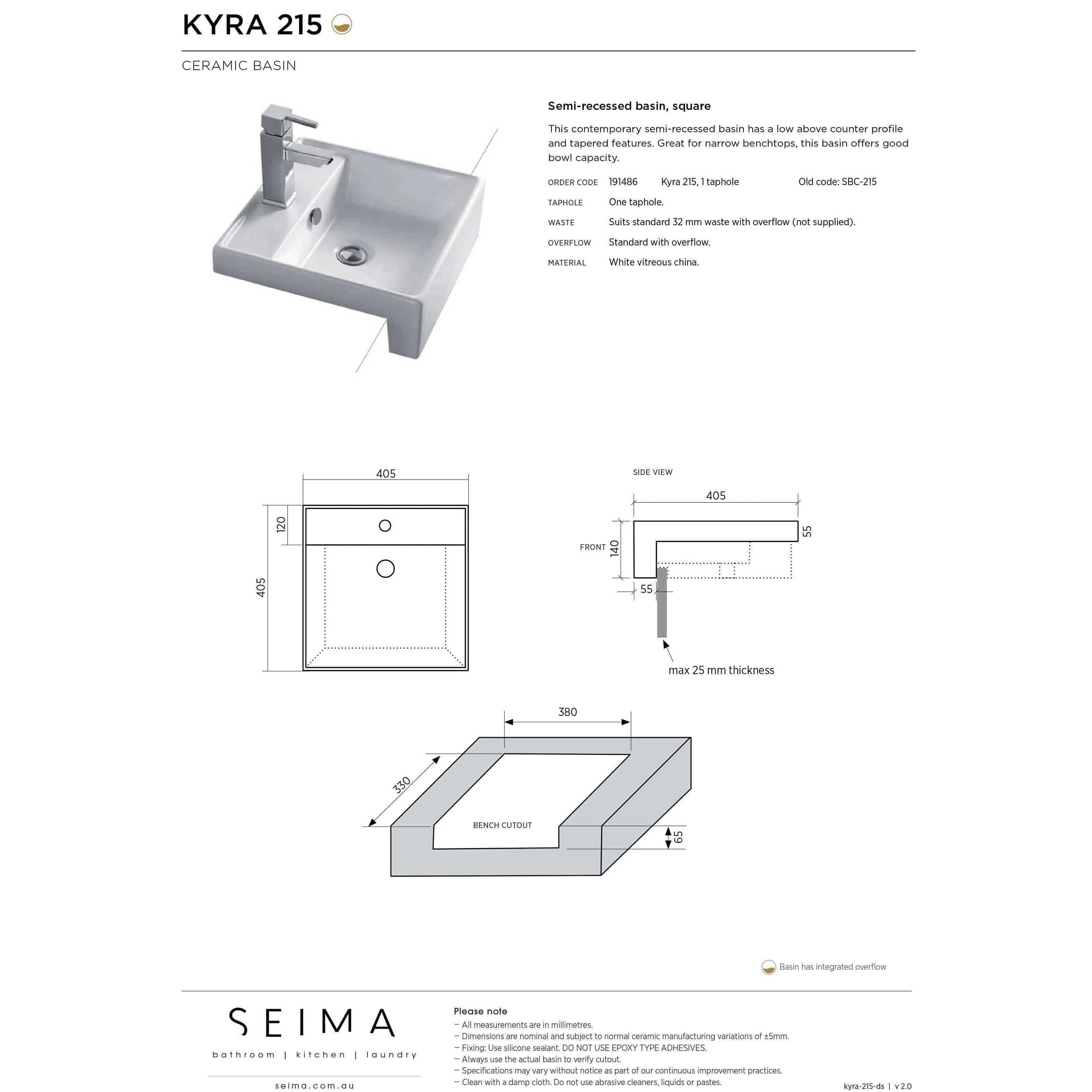 Kyra Semi-Recessed Basin 405mm X 405mm White Sbc-215 - Image 5