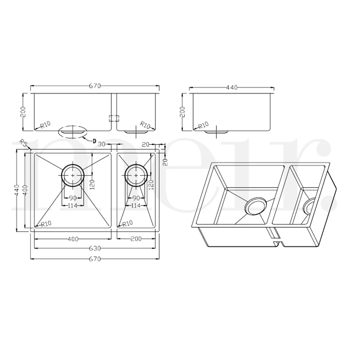 Meir Double Bowl Pvd Kitchen Sink 670mm - Brushed Gun Metal - Image 3