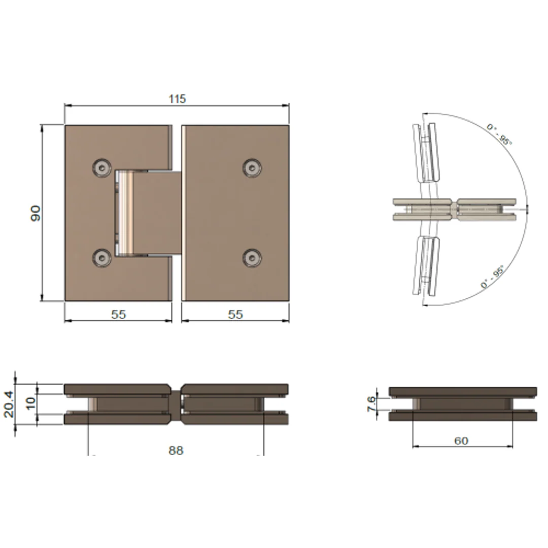 Meir Glass To Glass Shower Door Hinge Lustre Bronze - Image 2