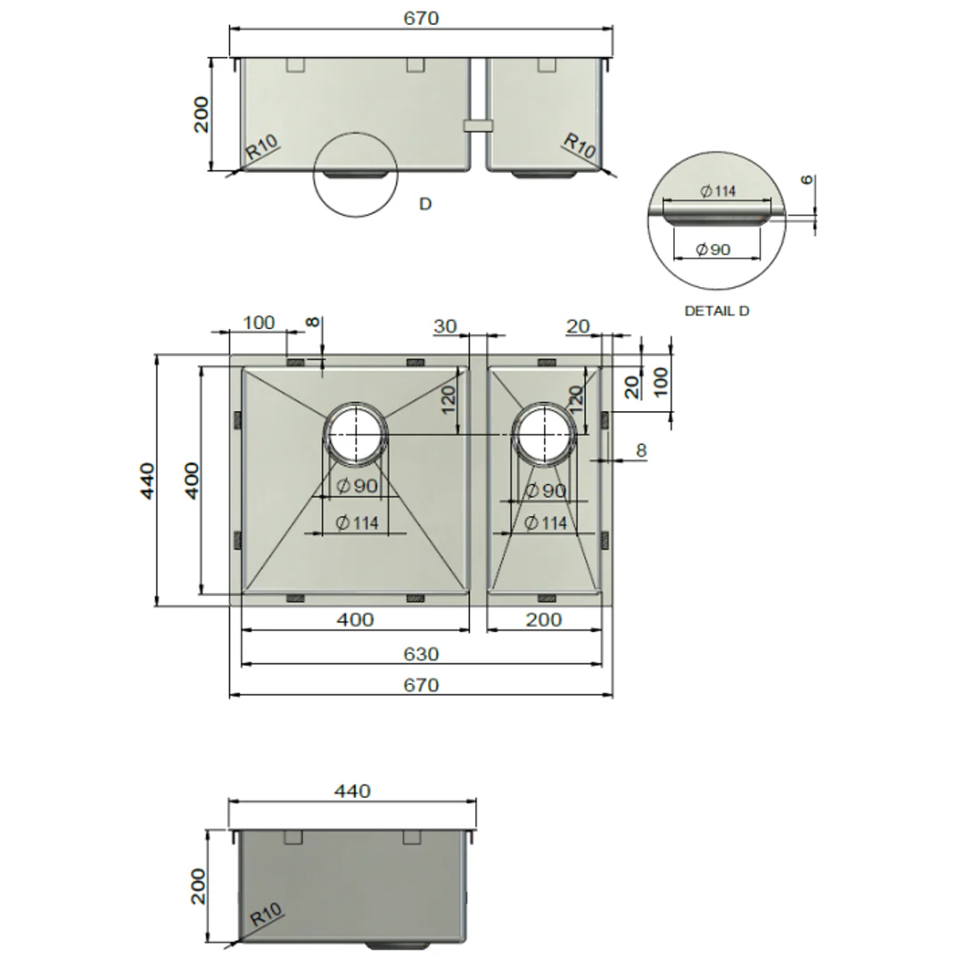 Meir Kitchen Sink Double Bowl 670mm X 440mm - Brushed Nickel - Image 3