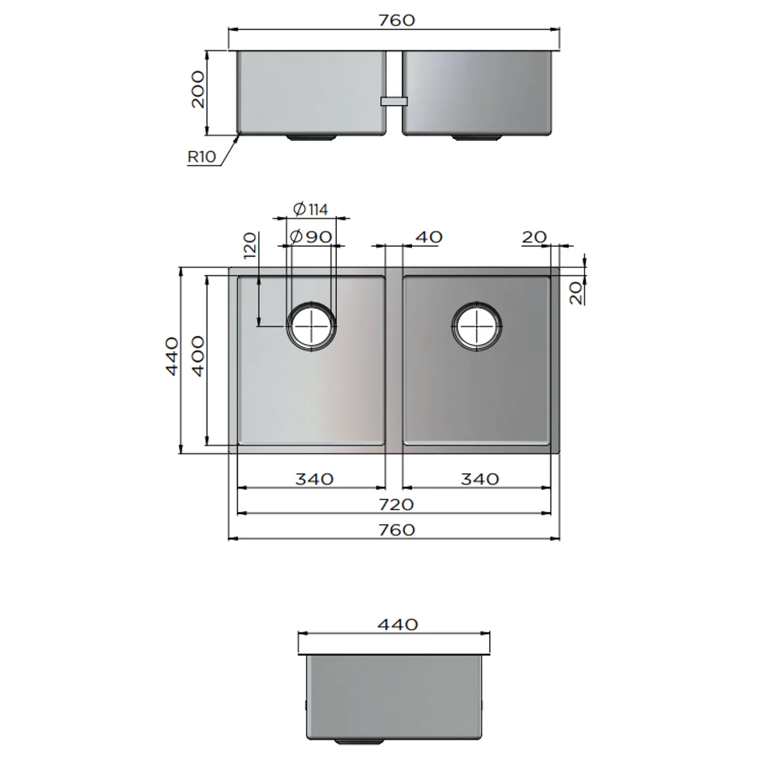 Meir Kitchen Sink Double Bowl 760mm X 440mm - Brushed Nickel - Image 3