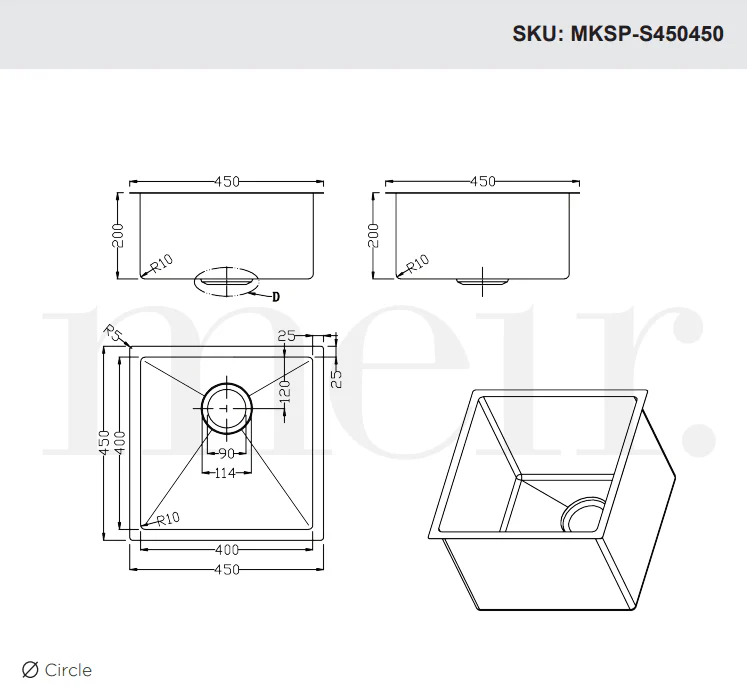 Meir Kitchen Sink Single Bowl 450mm X 450mm - Brushed Nickel - Image 8
