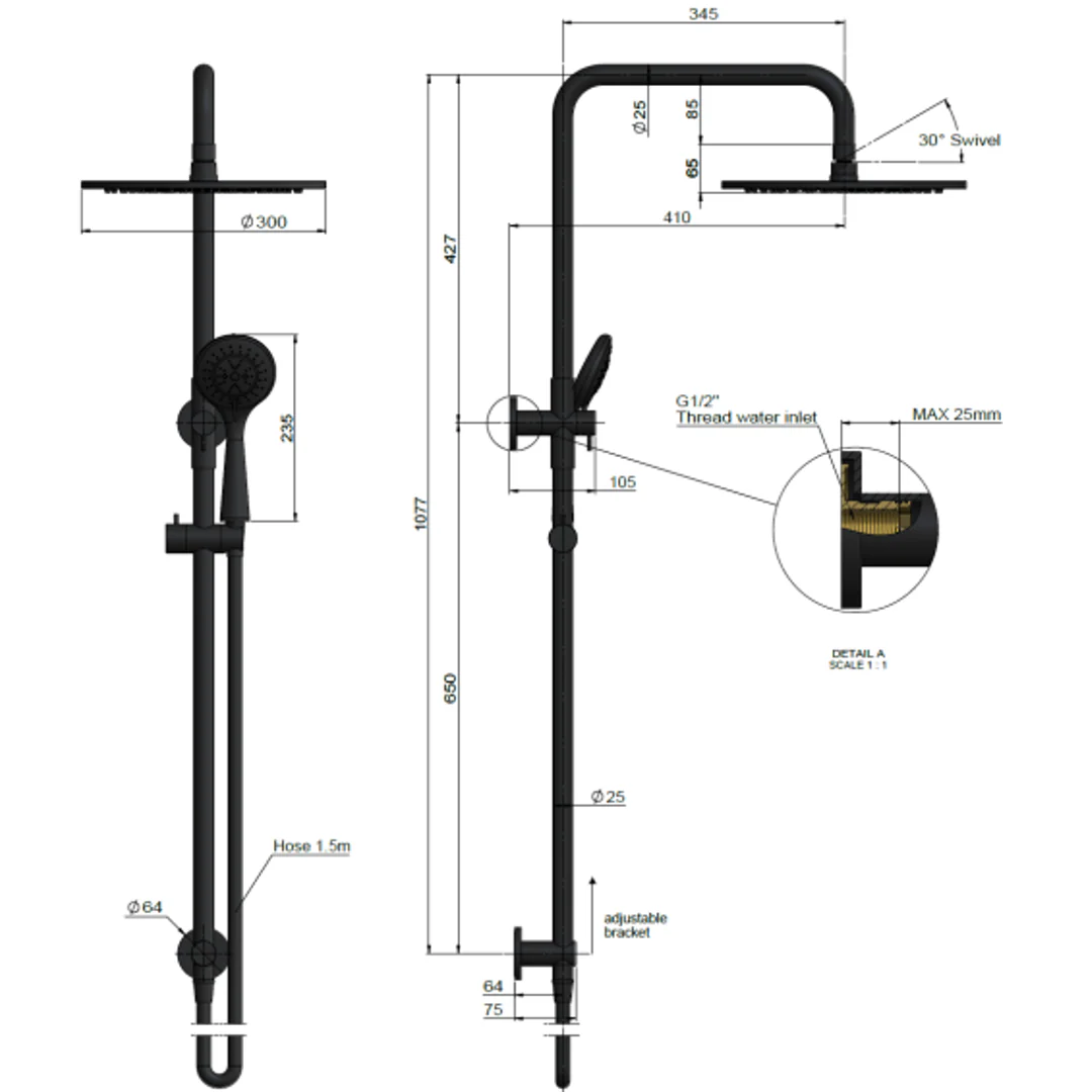 Meir Round Combination Shower Rail 300mm Rose Three Function Hand Shower Polished Chrome - Image 2