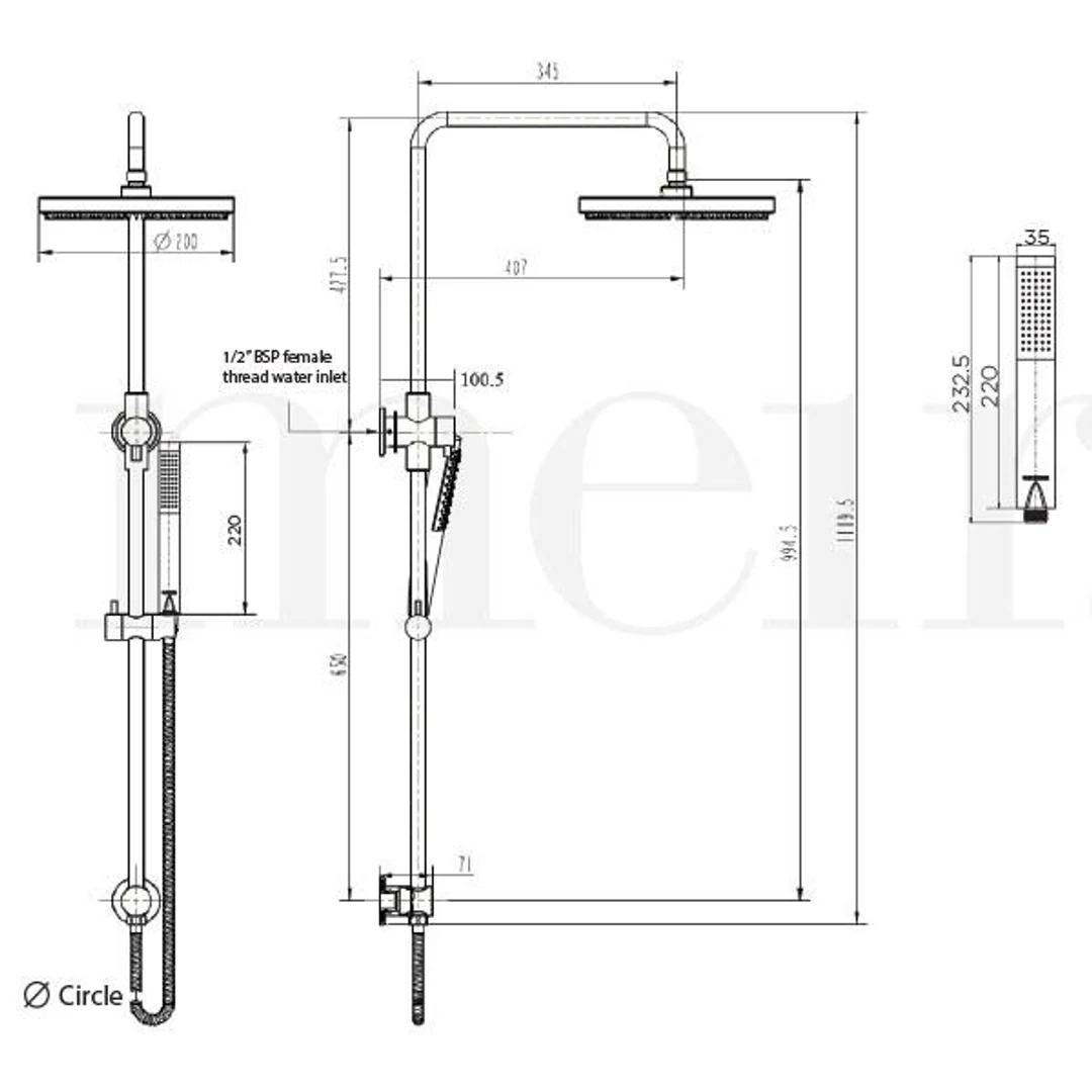 Meir Round Combo Shower Rail 200mm Rose 3-Function Hand Shower Polished Chrome - Image 8