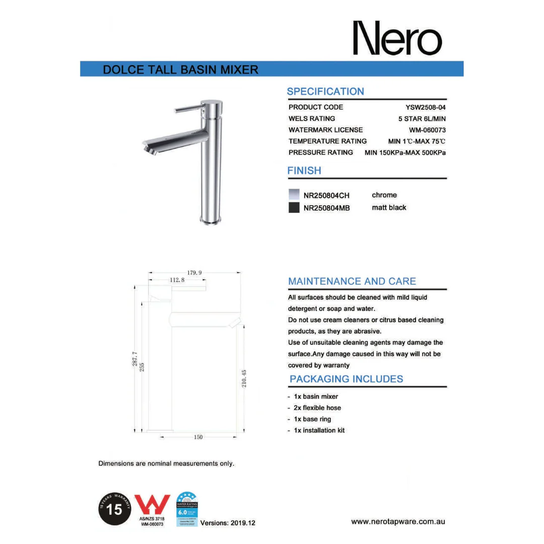 Nero Dolce Tall Basin Mixer Chrome - Image 4
