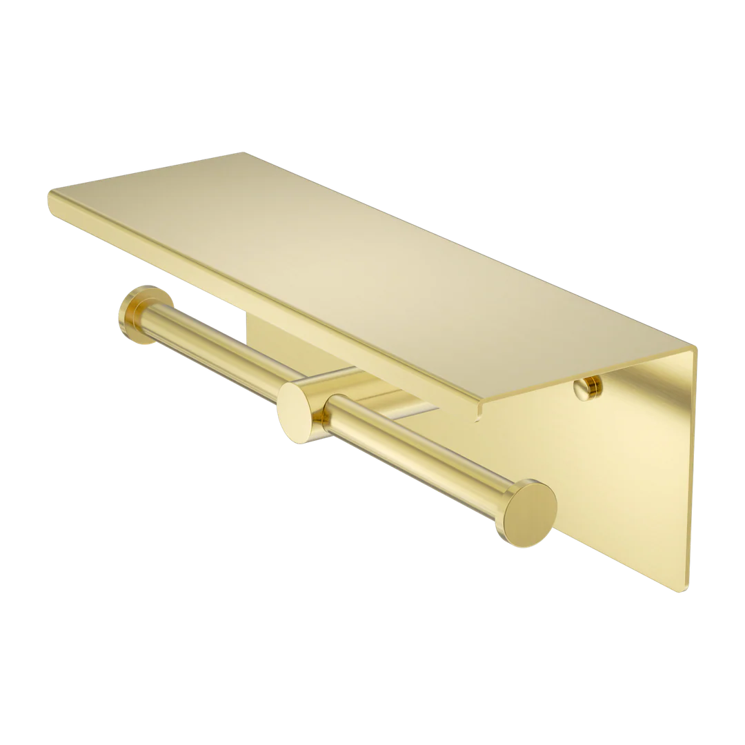 Nero Mecca Double Toilet Roll Holder With Shelf Brushed Gold