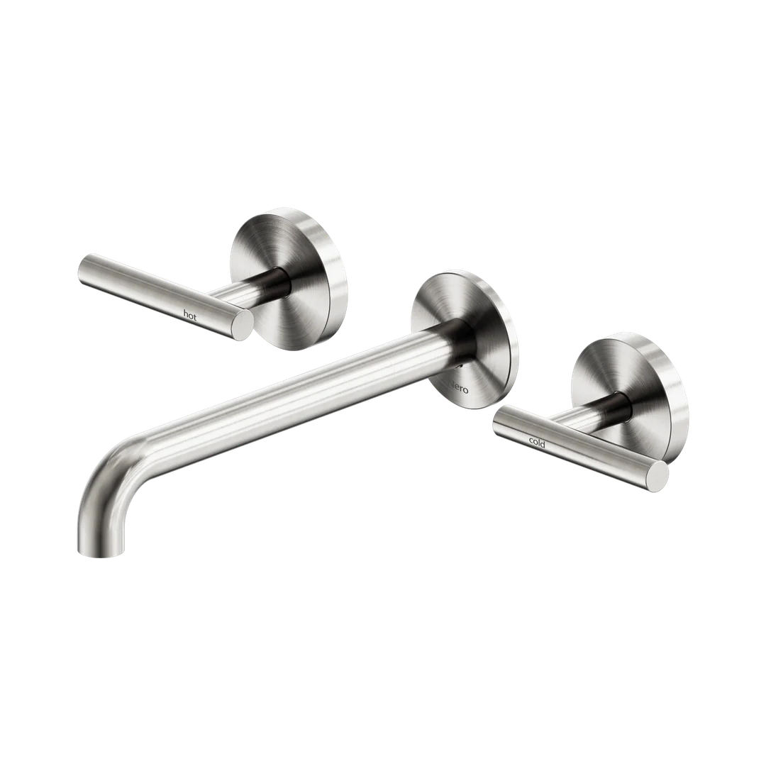 Nero Mecca Lever Wall Basin/Bath Set 220Mm Spout Brushed Nickel