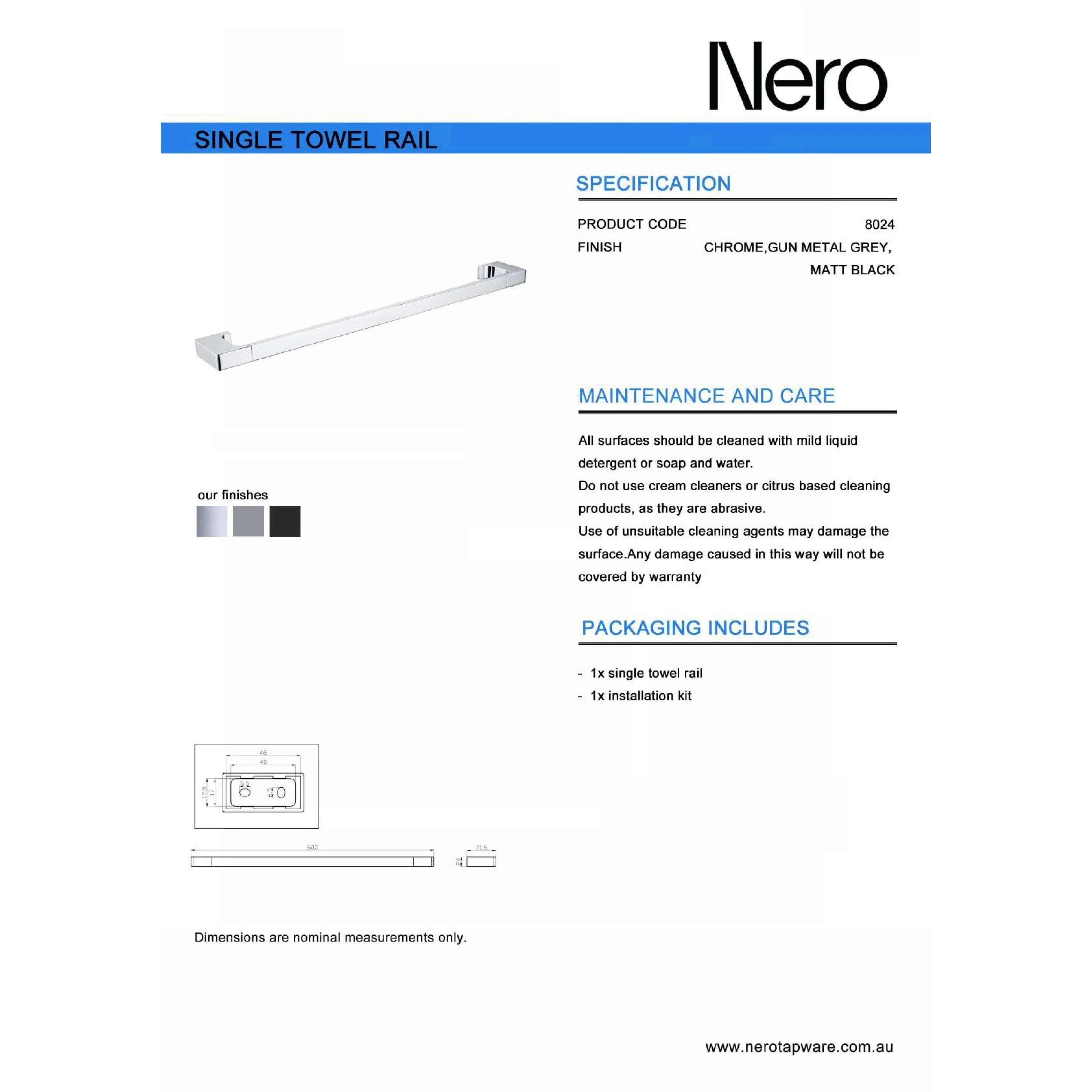 Nero Pearl/Vitra Single Towel Rail 600mm - Gun Metal Grey - Image 9
