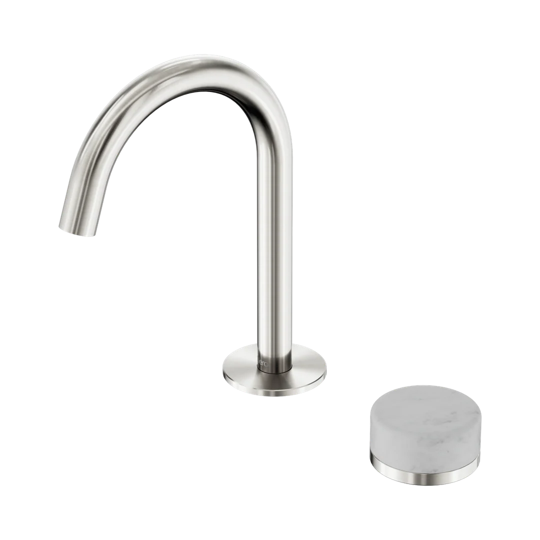 Nero Serenity Progressive Basin Mixer Arc Spout With Carrara Handle Brushed Nickel
