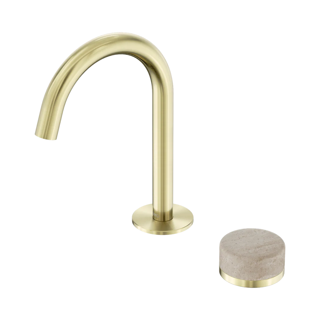 Nero Serenity Progressive Basin Mixer Arc Spout With Rome Travertine Handle Brushed Gold