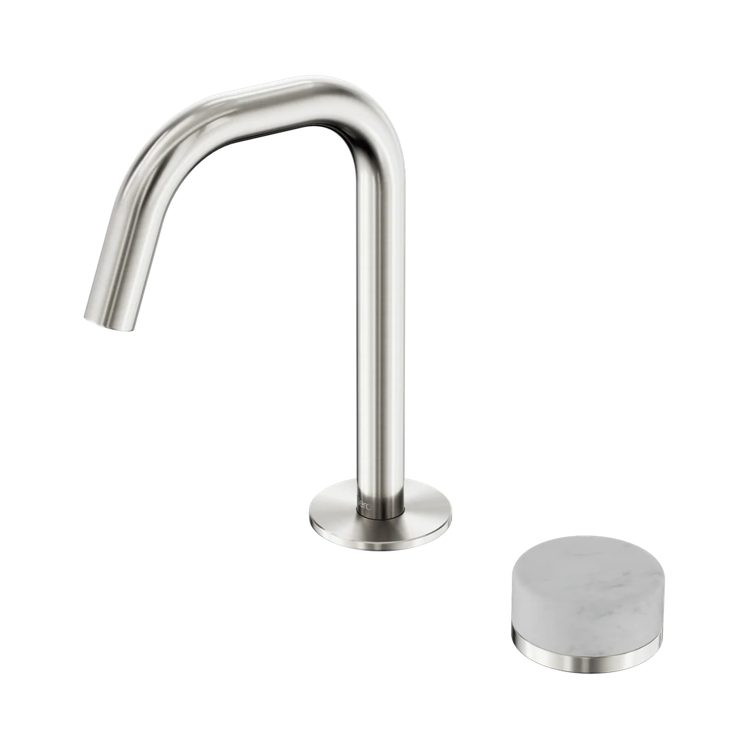 Nero Serenity Progressive Basin Mixer Edge Spout With Carrara Handle Brushed Nickel
