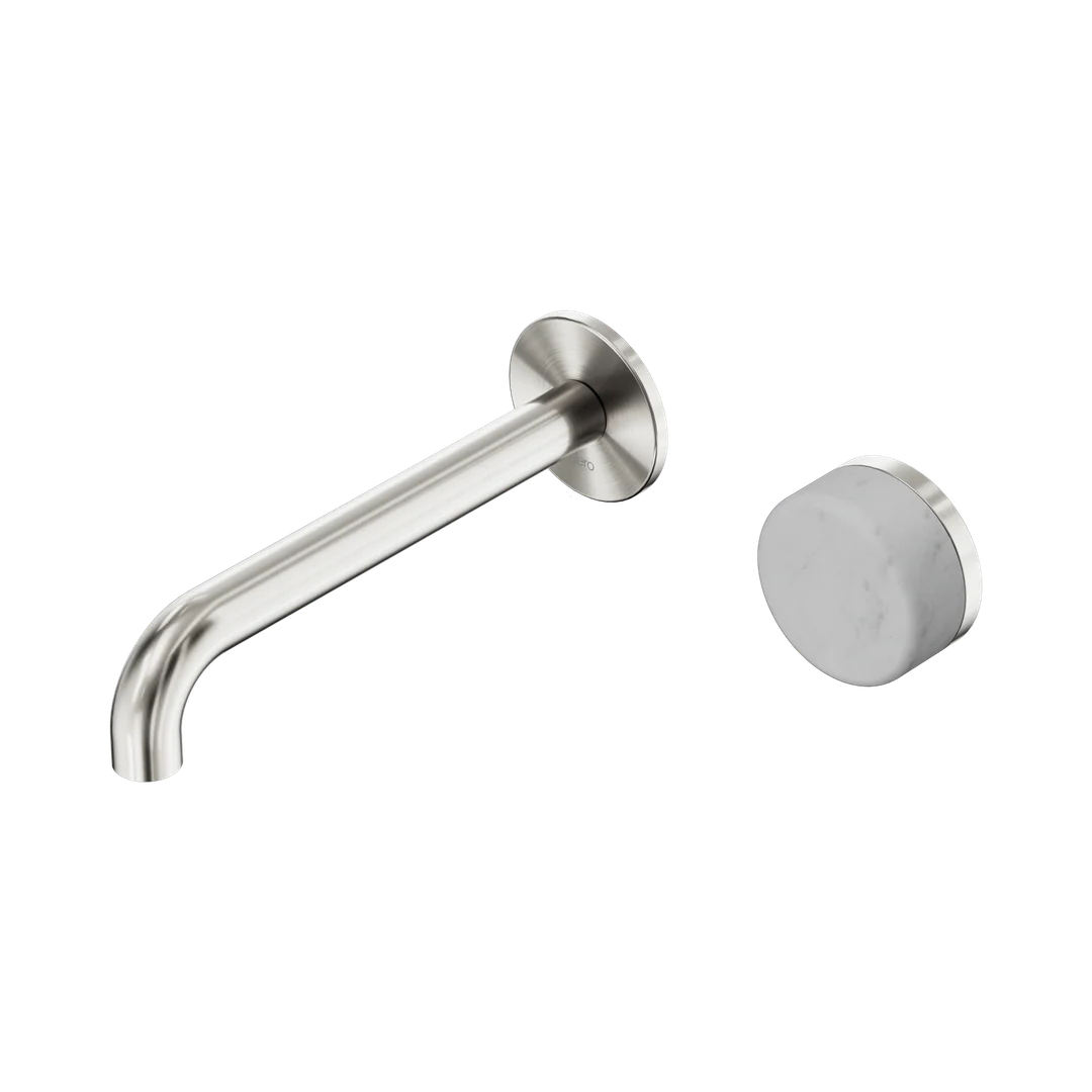 Nero Serenity Progressive Wall Basin Mixer 185Mm Spout With Carrara Handle Brushed Nickel