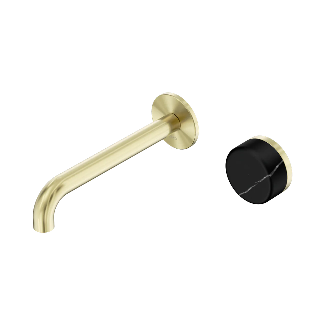 Nero Serenity Progressive Wall Basin Mixer 185Mm Spout With Marquina Black Handle Brushed Gold