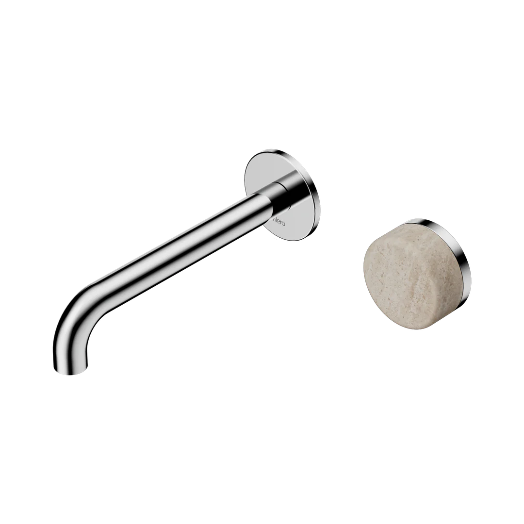 Nero Serenity Progressive Wall Basin Mixer 185Mm Spout With Rome Travertine Handle Chrome