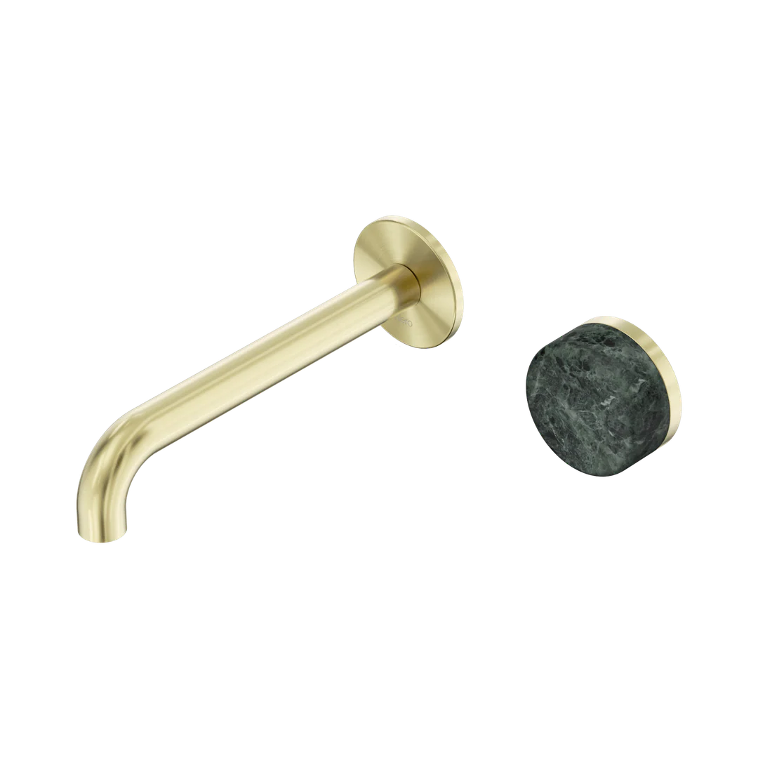 Nero Serenity Progressive Wall Basin Mixer 185Mm Spout With Verde Alpi Handle Brushed Gold