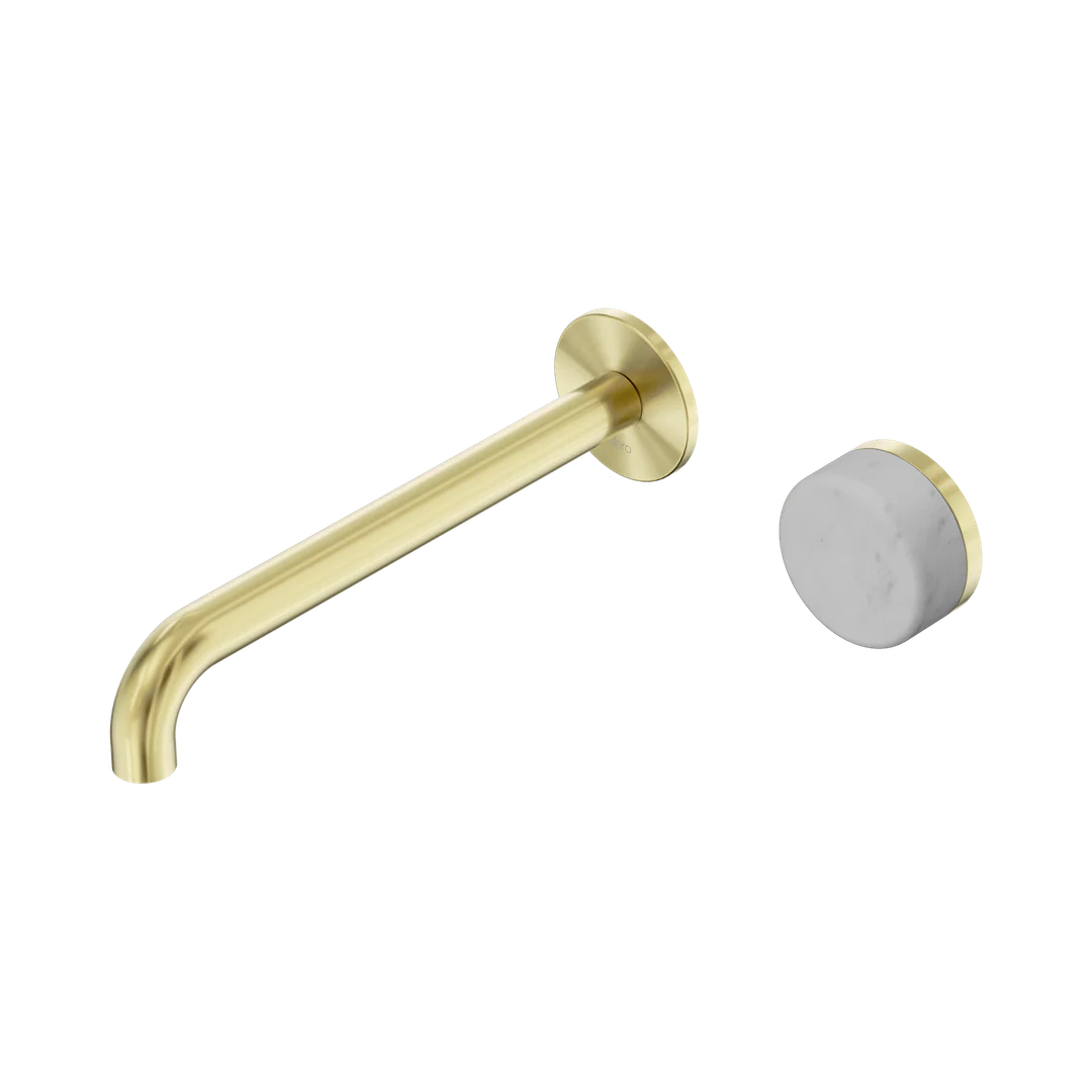 Nero Serenity Progressive Wall Basin Mixer 220Mm Spout With Carrara Handle Brushed Gold
