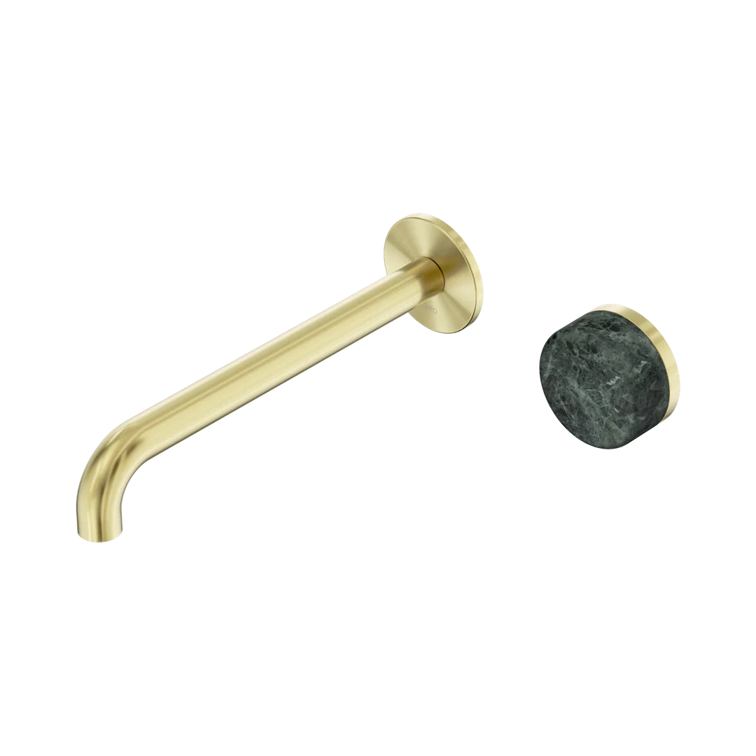 Nero Serenity Progressive Wall Basin Mixer 220Mm Spout With Verde Alpi Handle Brushed Gold