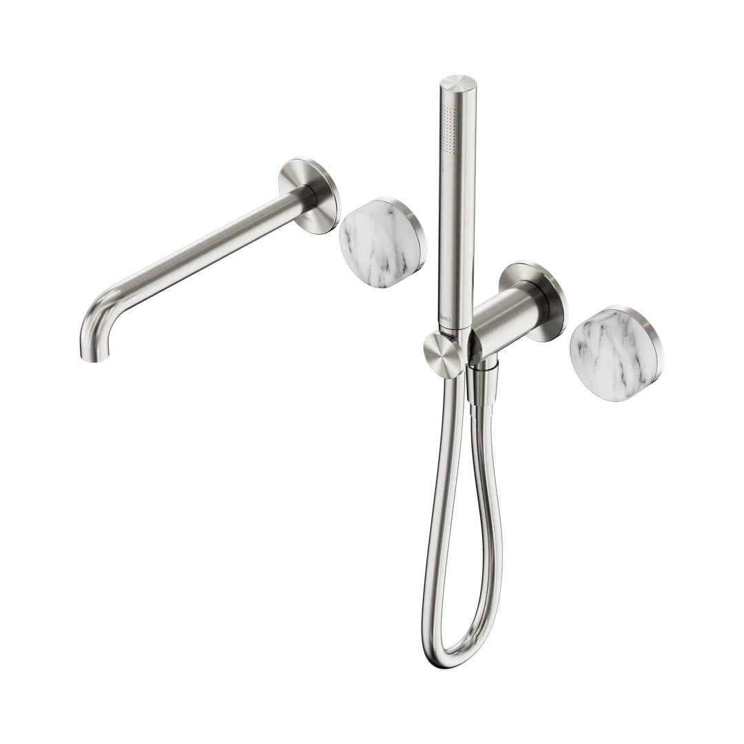 Nero Serenity Progressive Shower System With Spout Arabescato Corchia Handle & Slim Shower Brushed Nickel