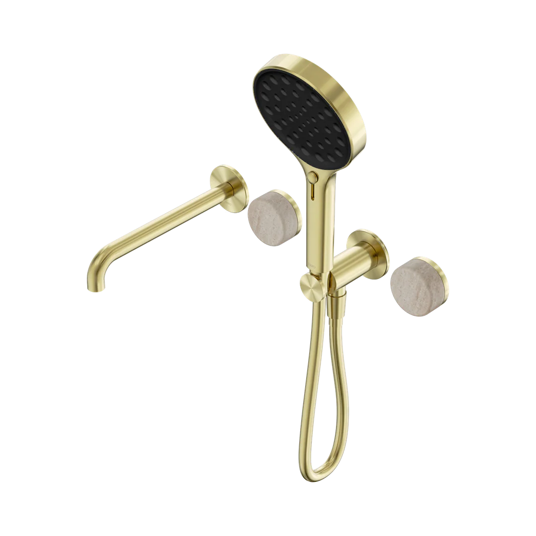 Nero Serenity Progressive Shower System With Spout Rome Travertine Handle & Serenity Hand Shower Brushed Gold