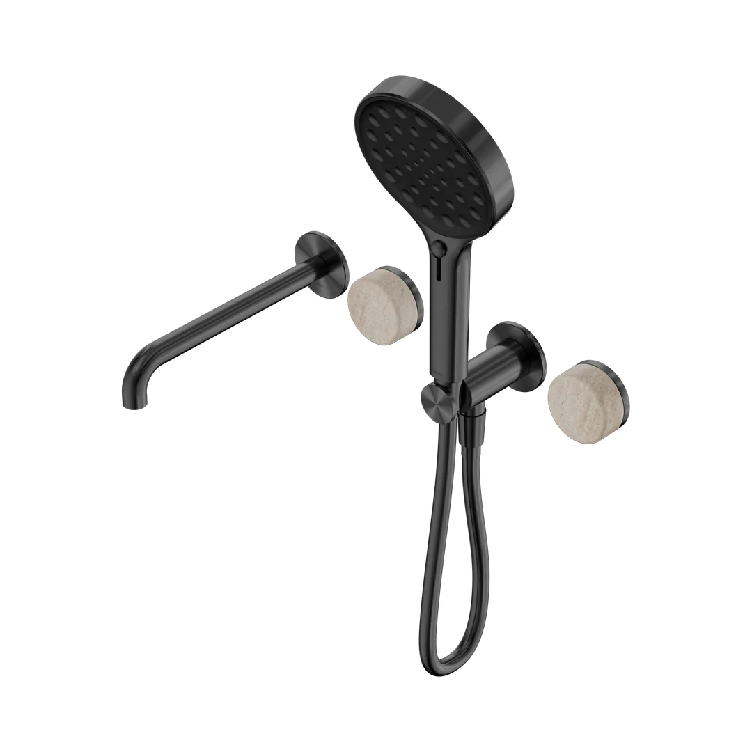 Nero Serenity Progressive Shower System With Spout Rome Travertine Handle & Serenity Hand Shower Gun Metal