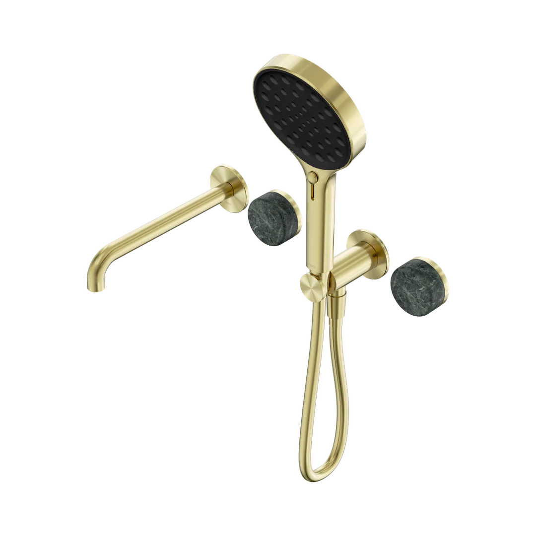 Nero Serenity Progressive Shower System With Spout With Verde Alpi Handle & Serenity Hand Shower Brushed Gold
