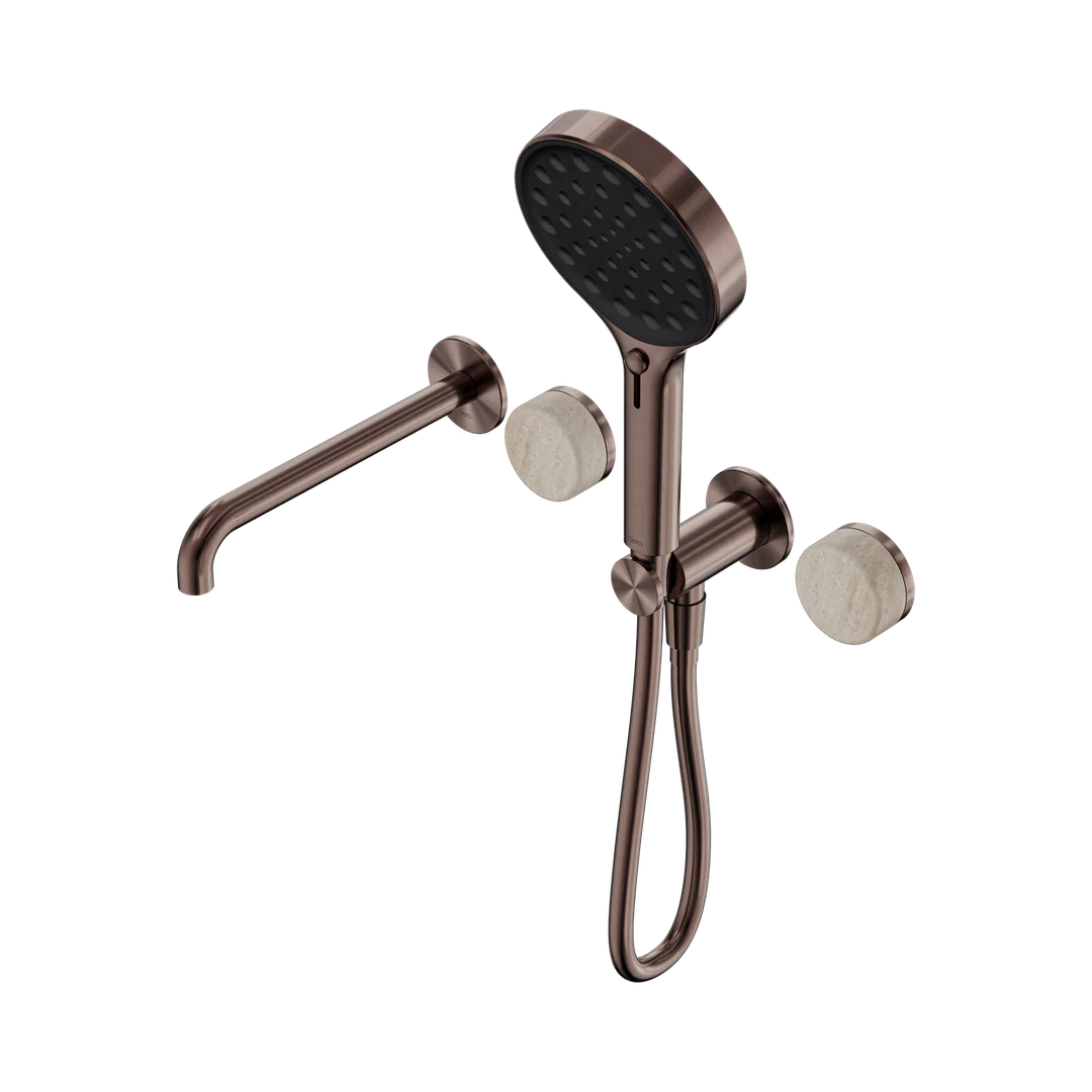 Nero Serenity Progressive Shower System With Spout Rome Travertine Handle & Serenity Hand Shower Brushed Bronze