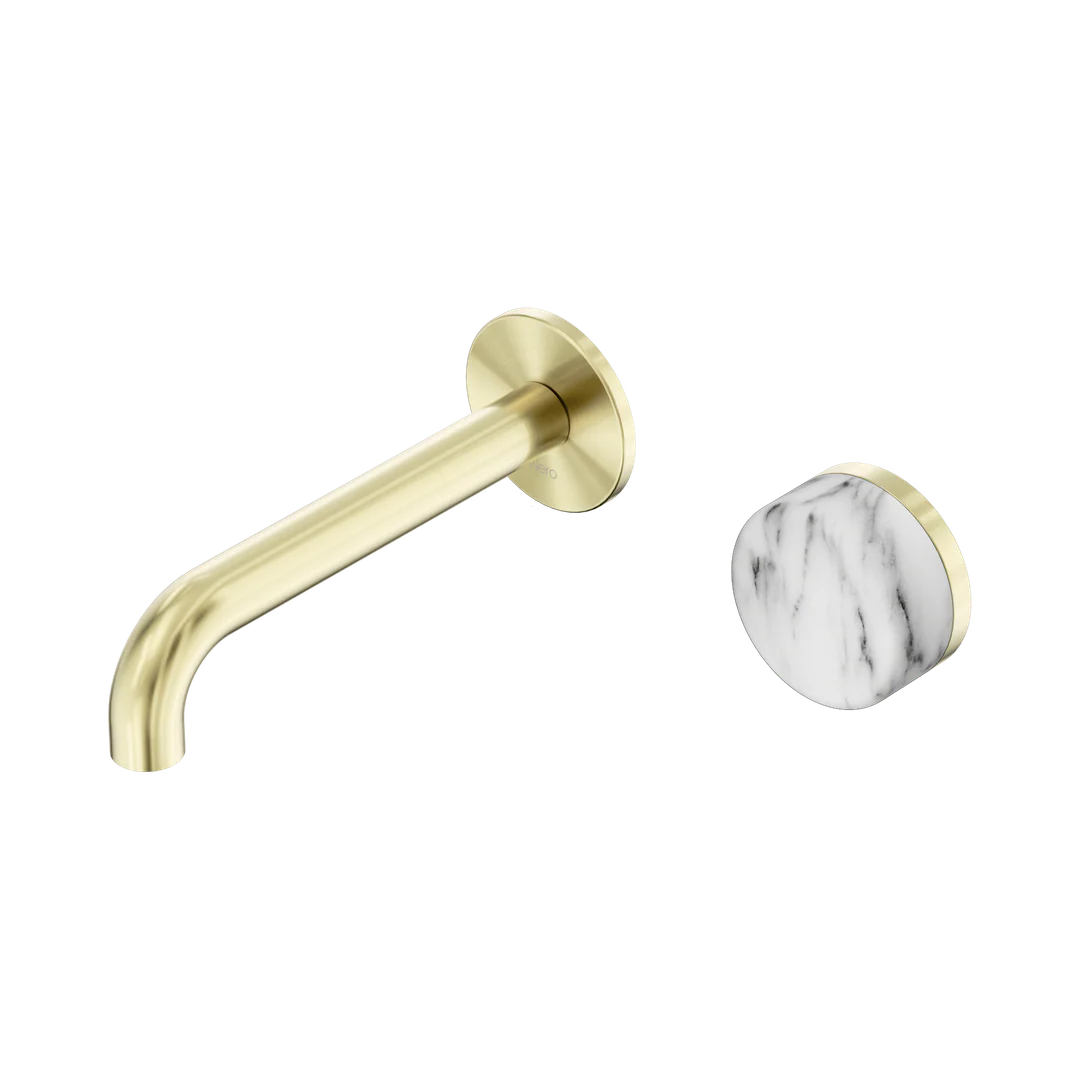 Nero Serenity Progressive Wall Basin Mixer 160Mm Spout With Arabescato Corchia Handle Brushed Gold