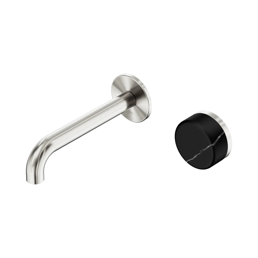 Nero Serenity Progressive Wall Basin Mixer 160Mm Spout With Marquina Black Handle Brushed Nickel