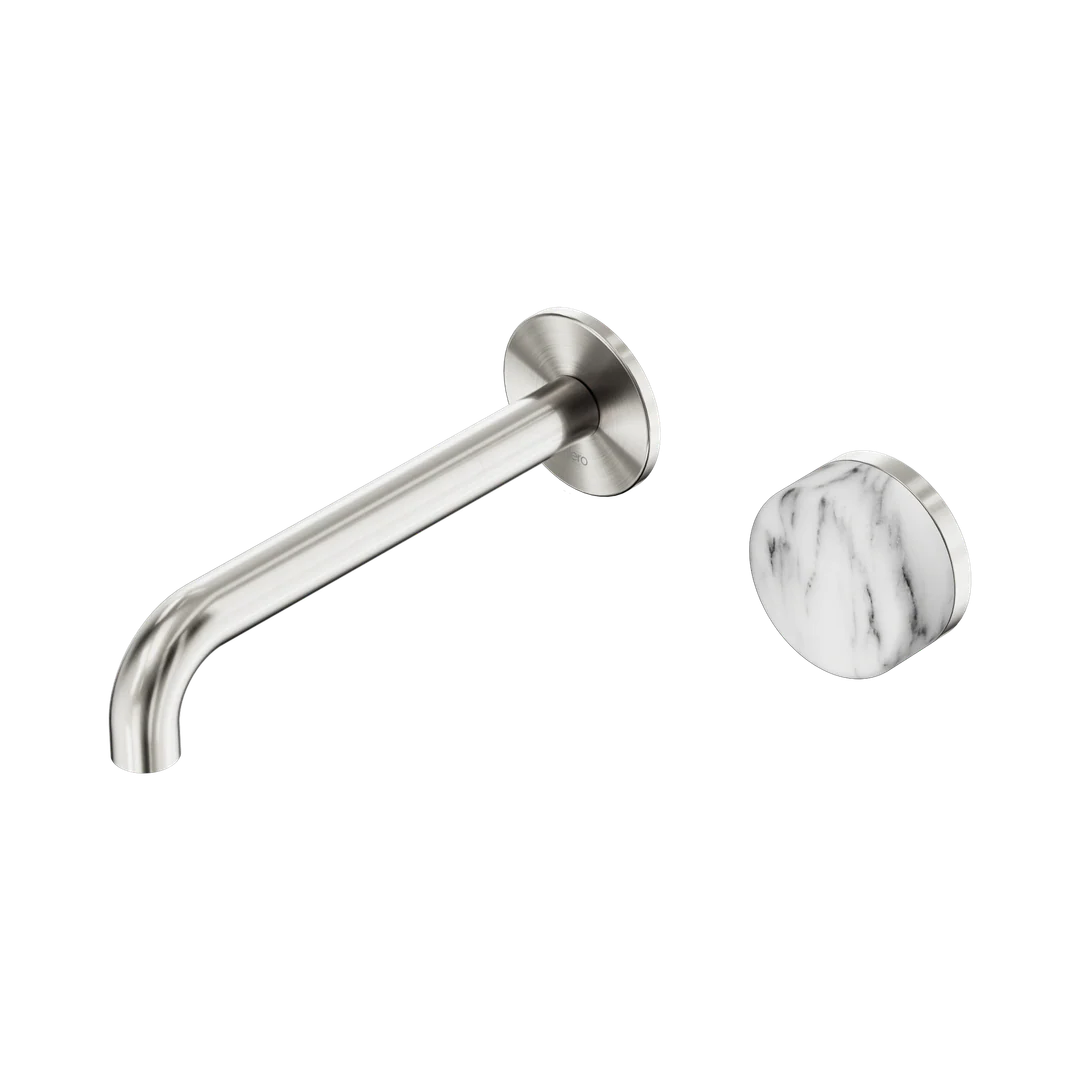 Nero Serenity Progressive Wall Basin Mixer 185Mm Spout With Arabescato Corchia Handle Brushed Nickel