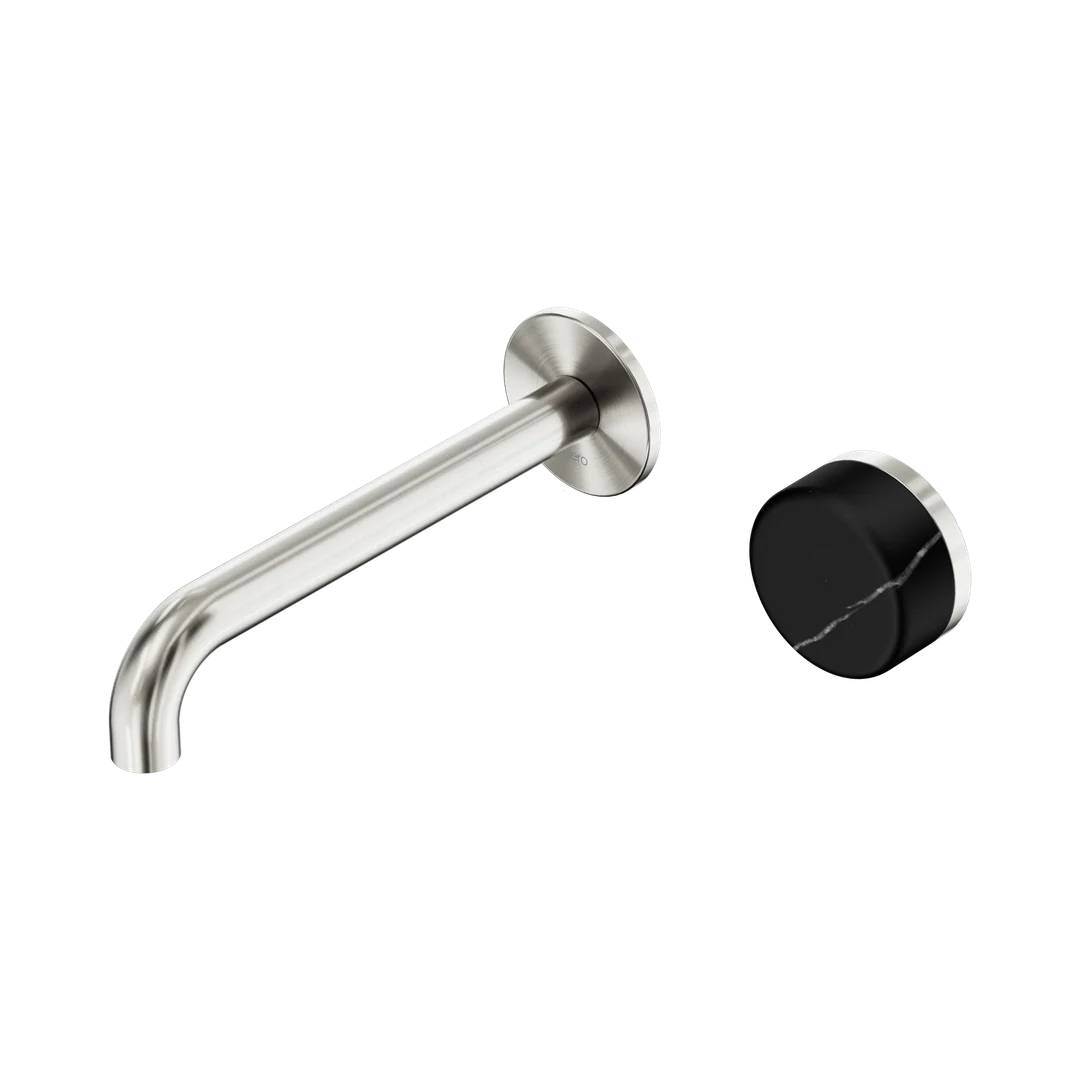 Nero Serenity Progressive Wall Basin Mixer 185Mm Spout With Marquina Black Handle Brushed Nickel