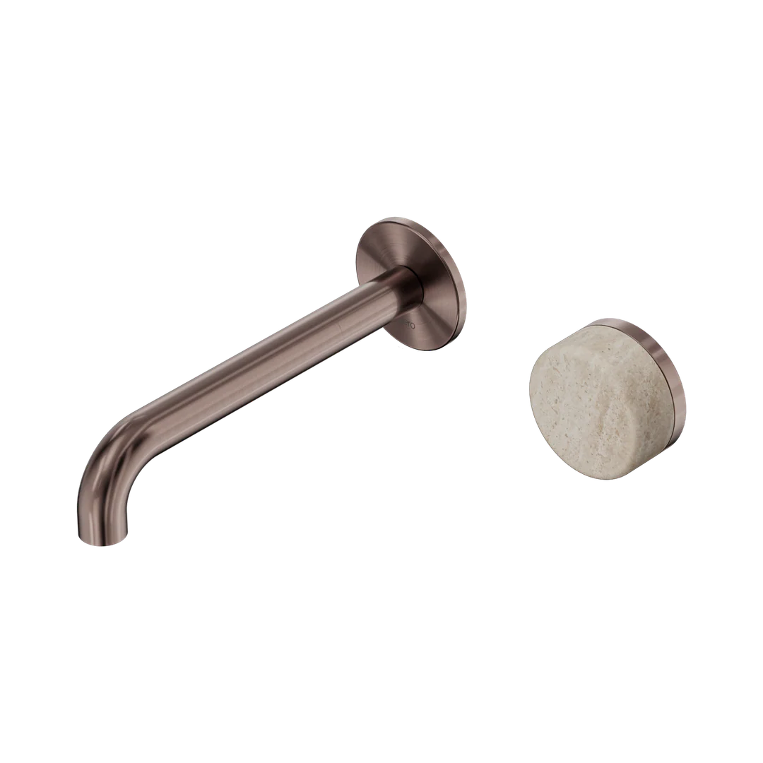 Nero Serenity Progressive Wall Basin Mixer 185Mm Spout With Rome Travertine Handle Brushed Bronze