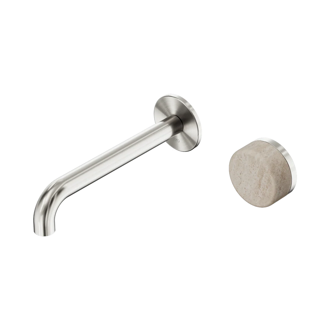 Nero Serenity Progressive Wall Basin Mixer 185Mm Spout With Rome Travertine Handle Brushed Nickel