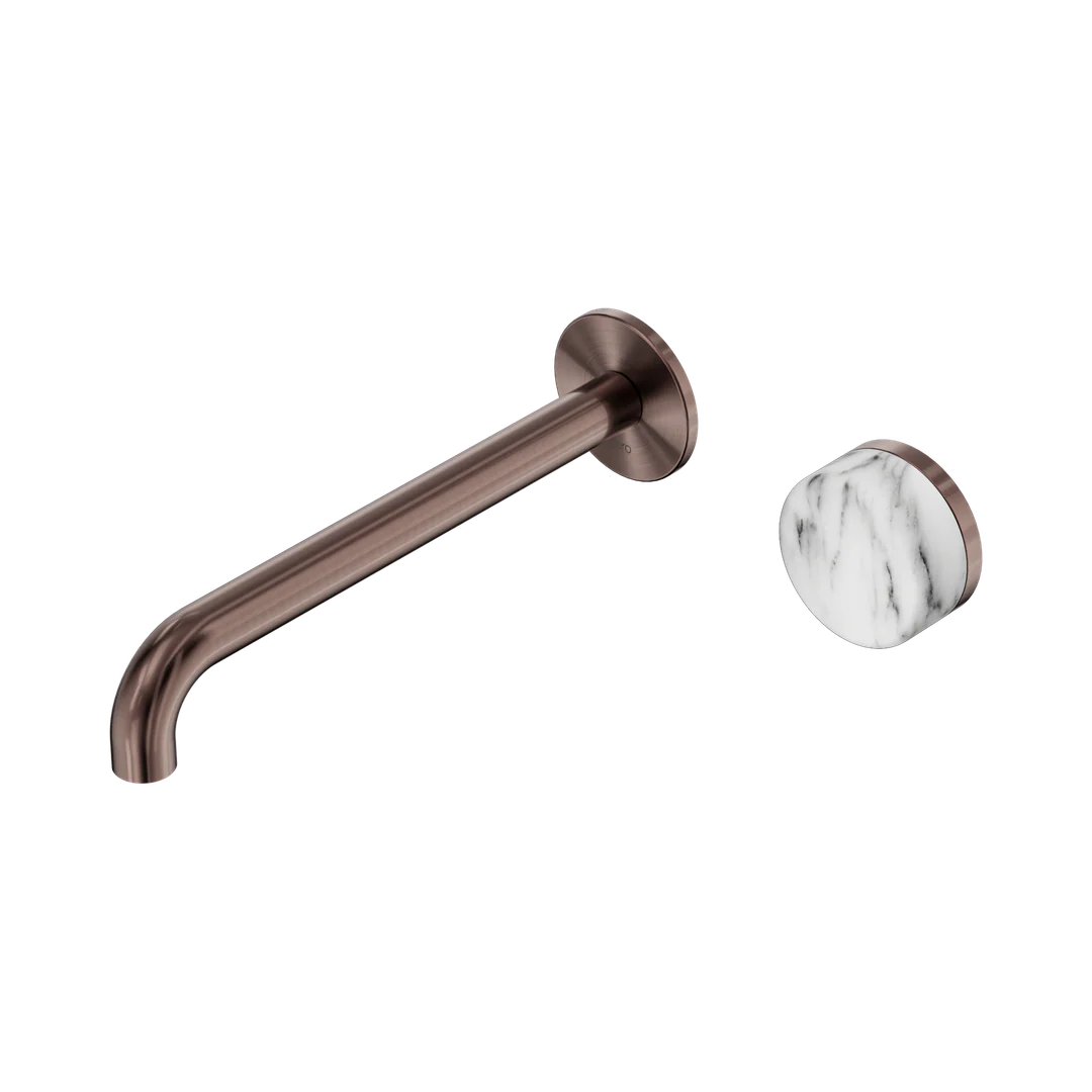 Nero Serenity Progressive Wall Basin Mixer 220Mm Spout With Arabescato Corchia Handle Brushed Bronze