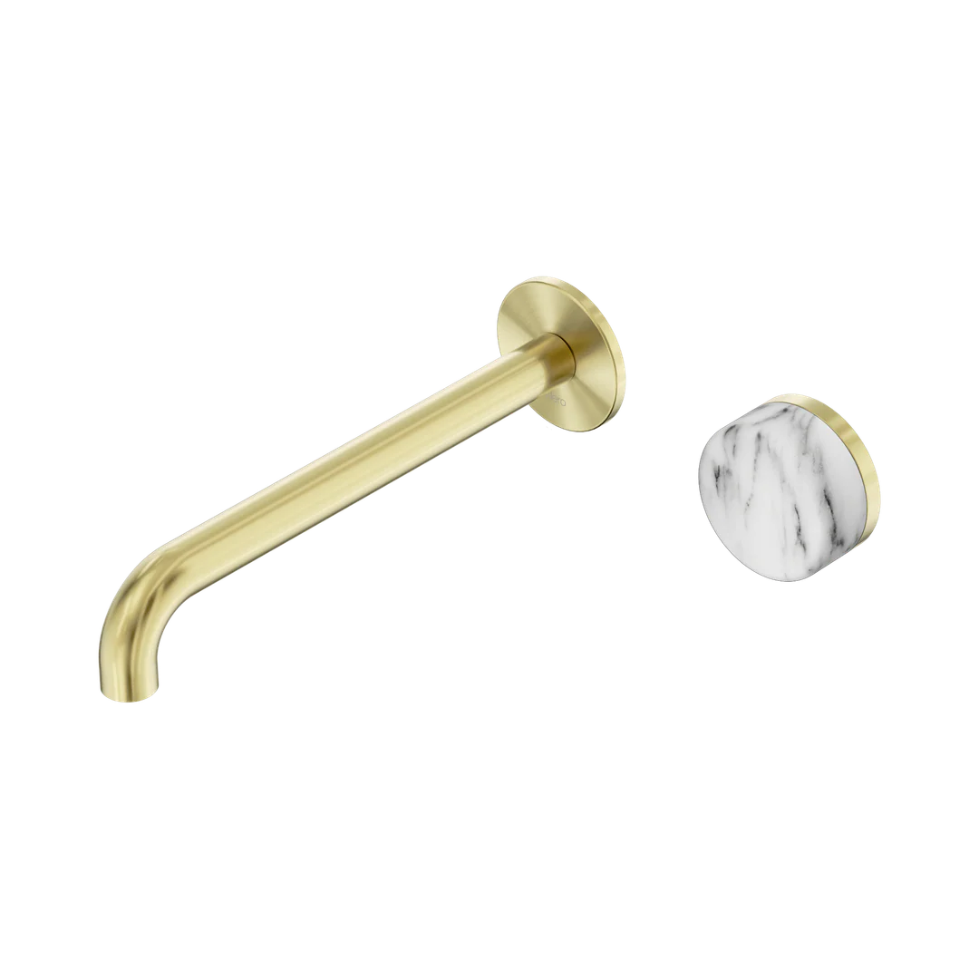 Nero Serenity Progressive Wall Basin Mixer 220Mm Spout With Arabescato Corchia Handle Brushed Gold