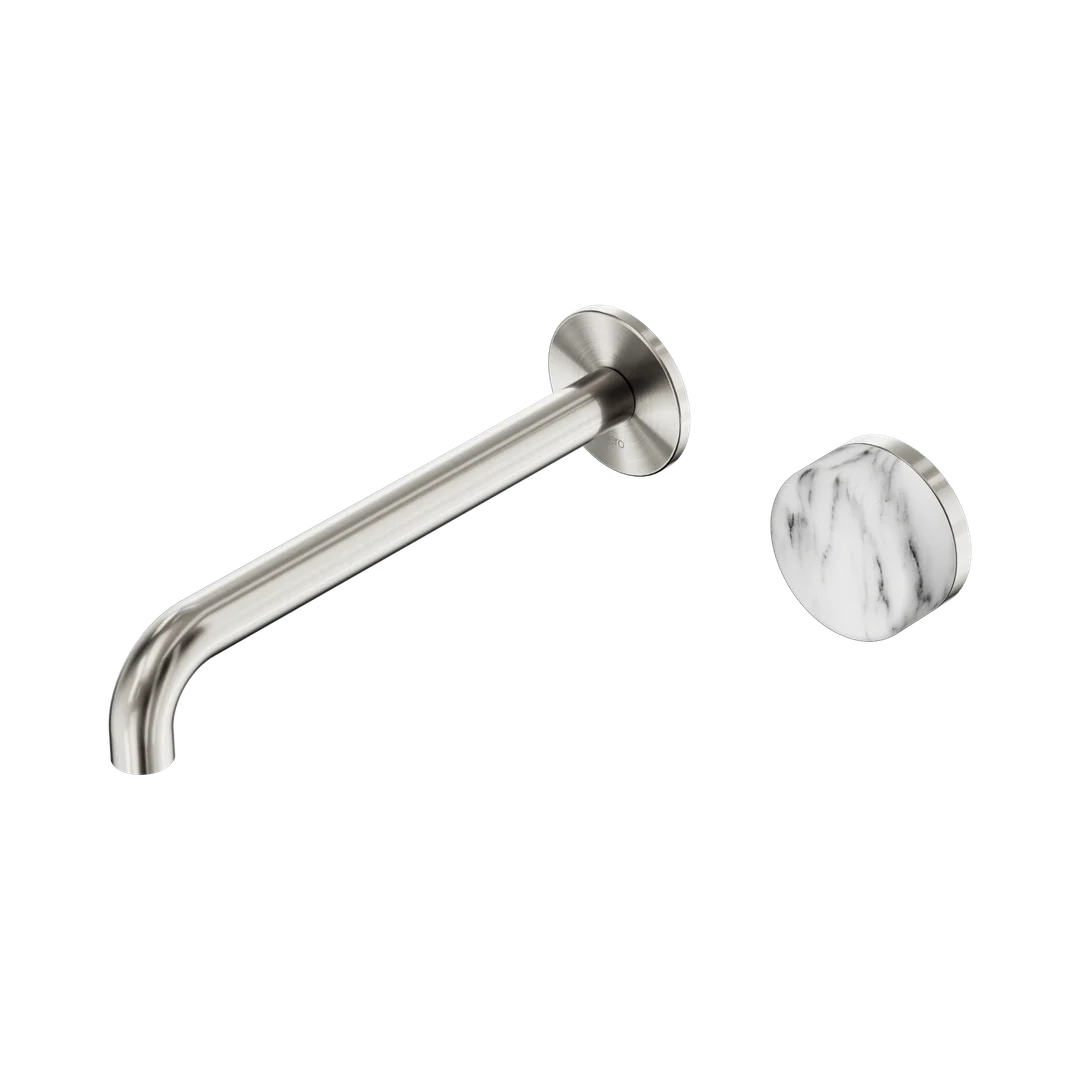 Nero Serenity Progressive Wall Basin Mixer 220Mm Spout With Arabescato Corchia Handle Brushed Nickel
