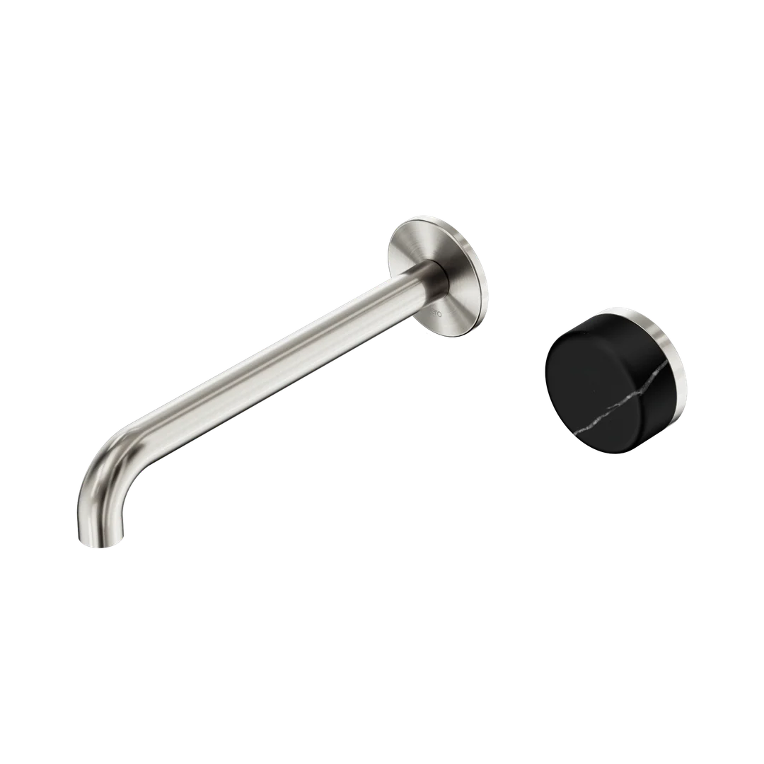 Nero Serenity Progressive Wall Basin Mixer 220Mm Spout With Marquina Black Handle Brushed Nickel