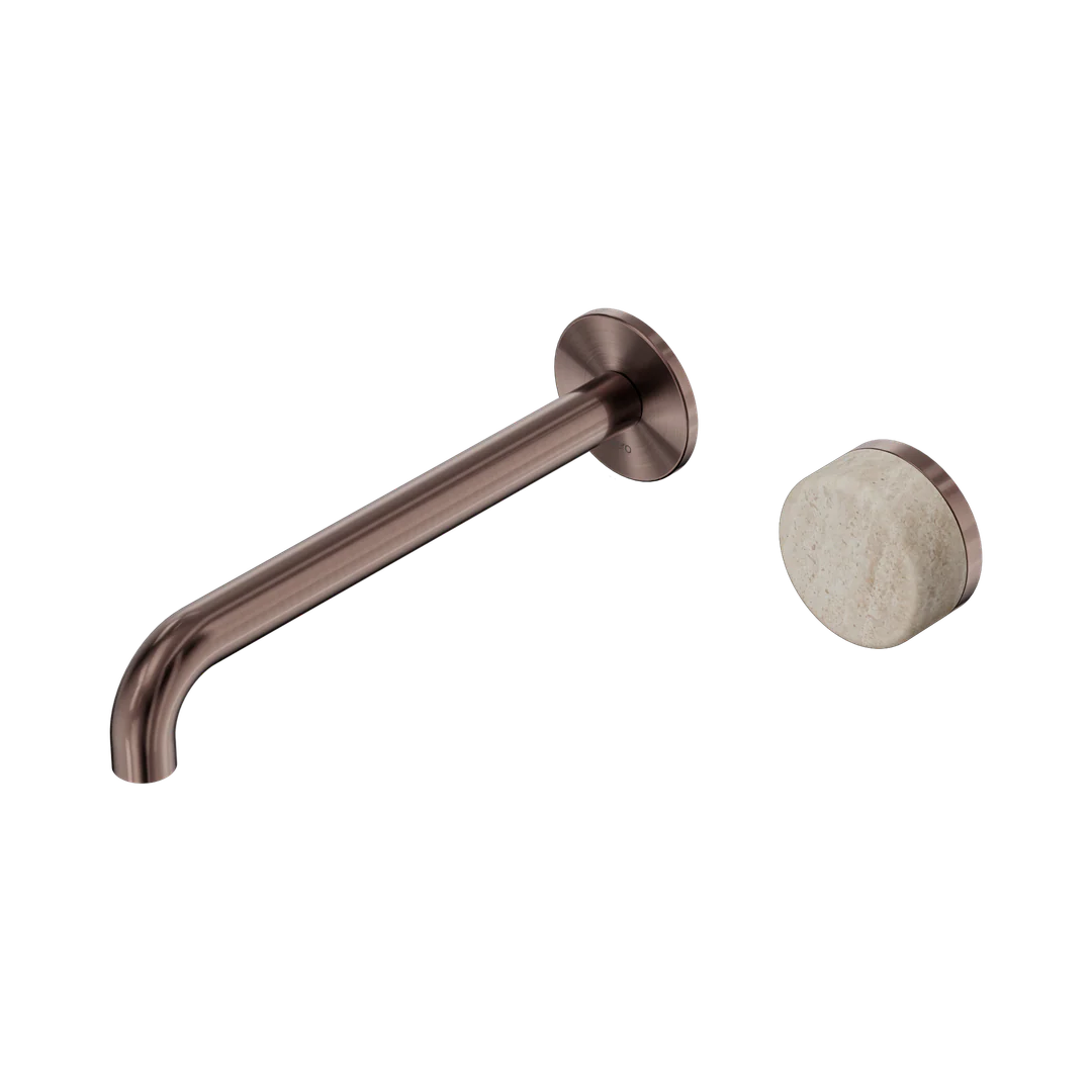 Nero Serenity Progressive Wall Basin Mixer 220Mm Spout With Rome Travertine Handle Brushed Bronze