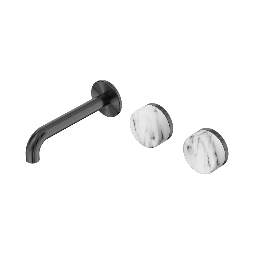 Nero Serenity Wall Basin Set 160Mm Offset Spout With Arabescato Corchia Handle Gun Metal