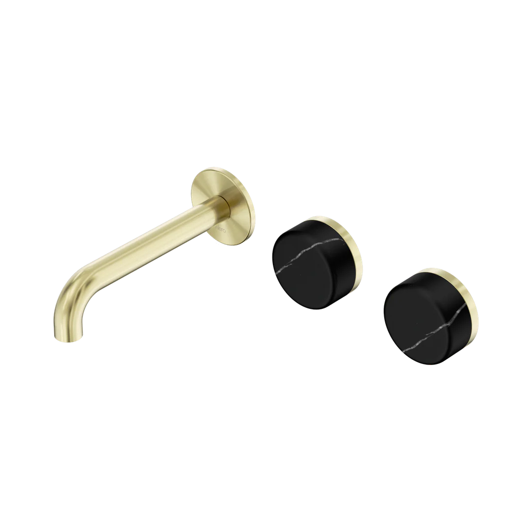 Nero Serenity Wall Basin Set 160Mm Offset Spout With Marquina Black Handle Brushed Gold