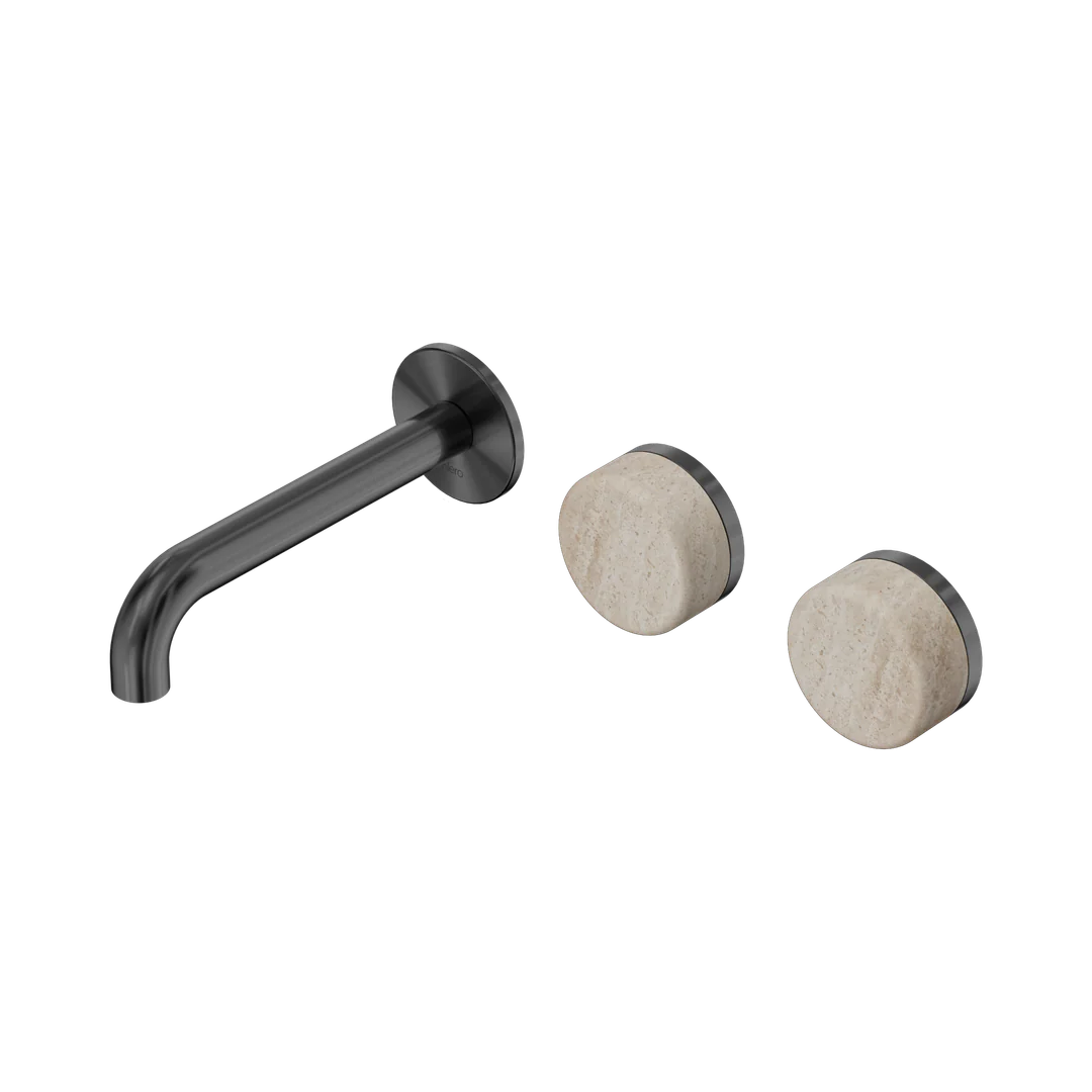 Nero Serenity Wall Basin Set 160Mm Offset Spout With Rome Travertine Handle Gun Metal