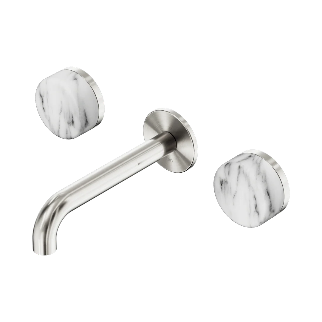 Nero Serenity Wall Basin Set 160Mm Spout With Arabescato Corchia Handle Brushed Nickel