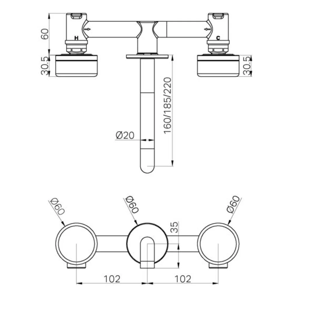 Nero Serenity Wall Basin Set 160Mm Spout With Verde Alpi Handle Chrome - Image 2