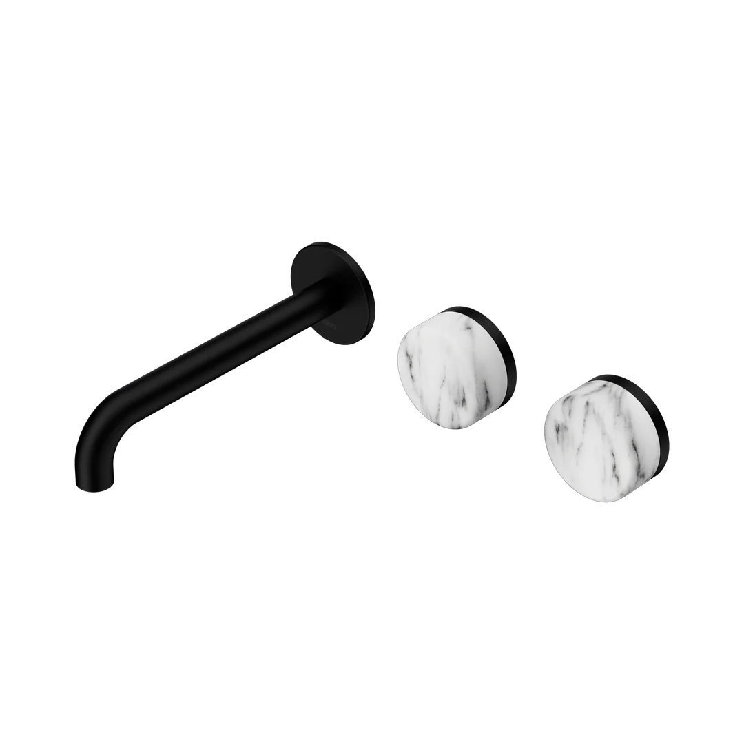 Nero Serenity Wall Basin Set 185Mm Offset Spout With Arabescato Corchia Handle Matte Black